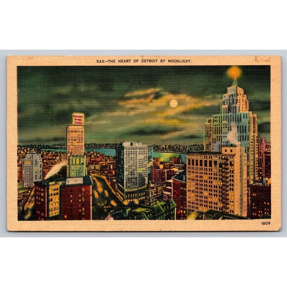 Postcard Michigan Detroit Heart by Moonlight Linen c1940s Posted River Stamp MI - Picture 1 of 2
